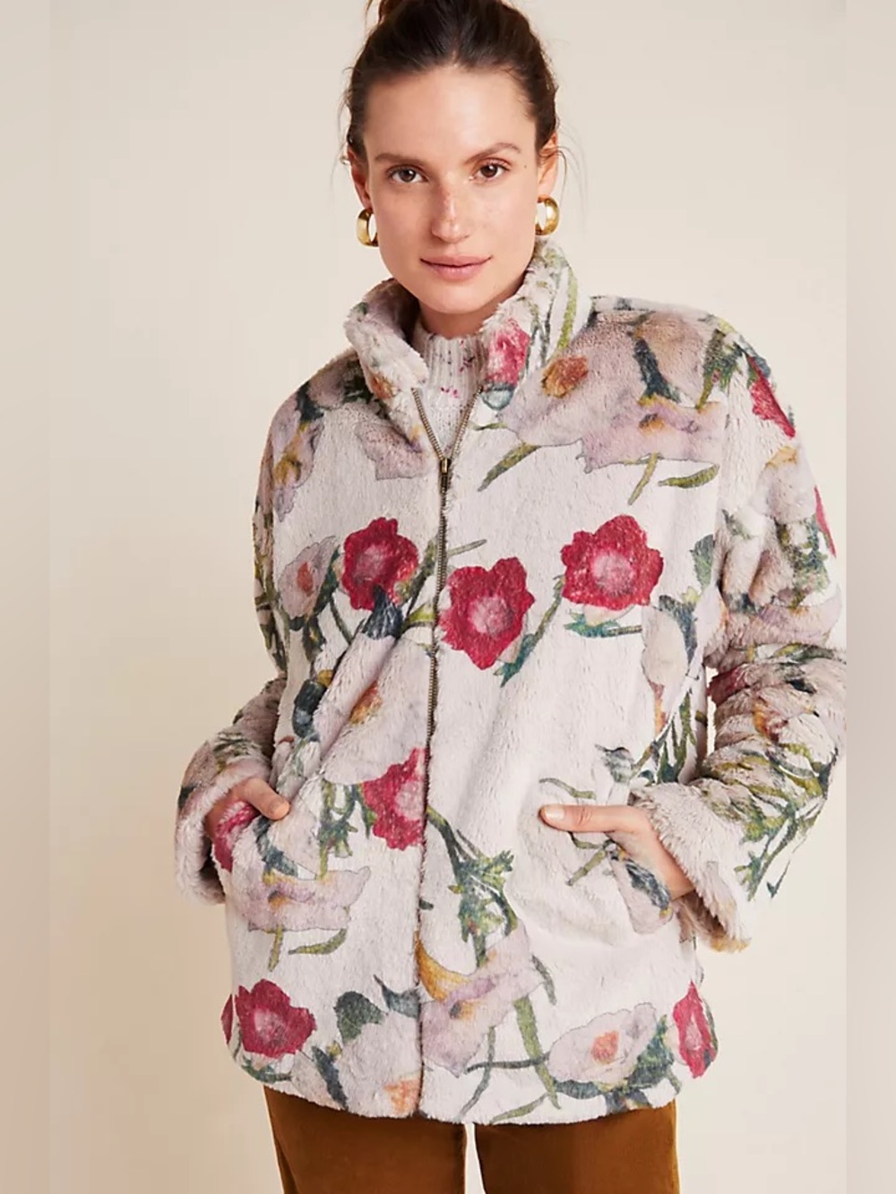 Anthropologie Hutch Florita Floral Faux Fur Jacket M Cottagecore Whimsical Boho